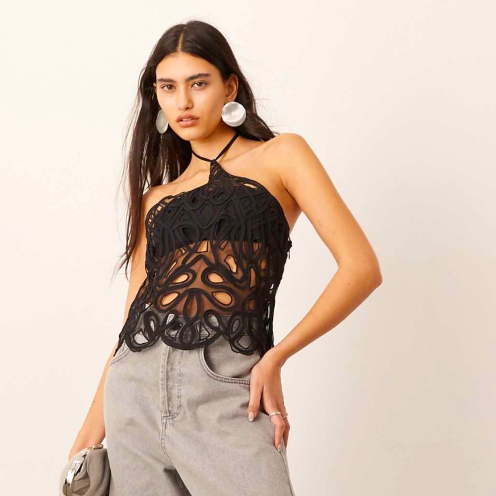 NWT ASOS EDITION embroidered halterneck top with cut out work - Picture 2 of 8